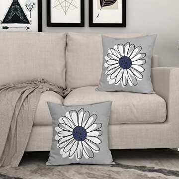 Navy Blue White Daisy Pillow Covers 18x18 Set of 2 Spring Summer Gray Grey Colored Decorative Throw Pillows Outdoor Modern Art Flower Pillowcase Square Linen Cushion Case for Home Sofa Couch Bed