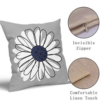 Navy Blue White Daisy Pillow Covers 18x18 Set of 2 Spring Summer Gray Grey Colored Decorative Throw Pillows Outdoor Modern Art Flower Pillowcase Square Linen Cushion Case for Home Sofa Couch Bed
