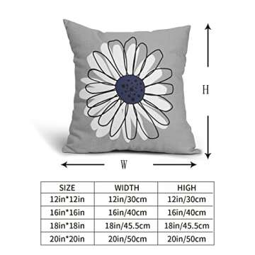 Navy Blue White Daisy Pillow Covers 18x18 Set of 2 Spring Summer Gray Grey Colored Decorative Throw Pillows Outdoor Modern Art Flower Pillowcase Square Linen Cushion Case for Home Sofa Couch Bed