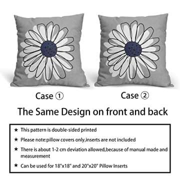 Navy Blue White Daisy Pillow Covers 18x18 Set of 2 Spring Summer Gray Grey Colored Decorative Throw Pillows Outdoor Modern Art Flower Pillowcase Square Linen Cushion Case for Home Sofa Couch Bed