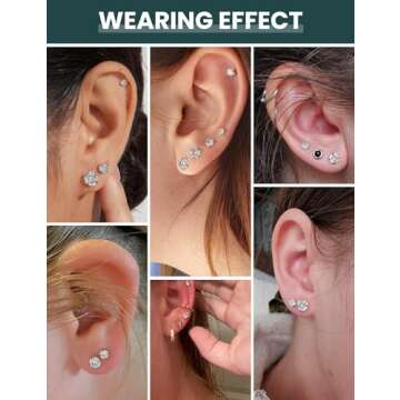 6 Pairs Stud Earrings Hypoallergenic Cubic Zirconia 316L Earrings Stainless Steel CZ Earrings Set 3-...