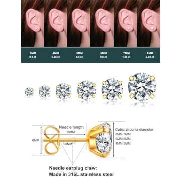6 Pairs Stud Earrings Hypoallergenic Cubic Zirconia 316L Earrings Stainless Steel CZ Earrings Set 3-8mm (Gold)