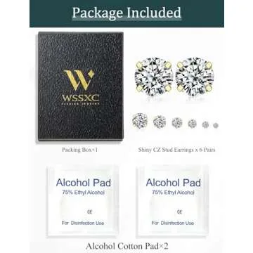 6 Pairs Stud Earrings Hypoallergenic Cubic Zirconia 316L Earrings Stainless Steel CZ Earrings Set 3-8mm (Gold)