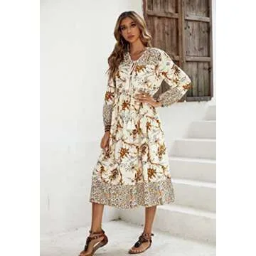 R.Vivimos Long Sleeve Bohemian Midi Dress in Floral Patterns