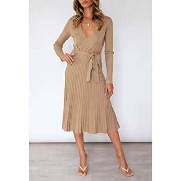 Pink Queen Women's Wrap Sweater Dress V Neck Long Sleeve Ribbed Swing Knit Party Midi Dresses with Belt Khaki L