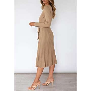 Pink Queen Women's Wrap Sweater Dress V Neck Long Sleeve Ribbed Swing Knit Party Midi Dresses with Belt Khaki L