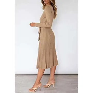 Pink Queen Women's Wrap Sweater Dress V Neck Long Sleeve Ribbed Swing Knit Party Midi Dresses with Belt Khaki L