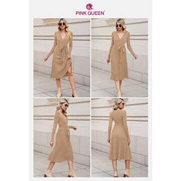 Pink Queen Women's Wrap Sweater Dress V Neck Long Sleeve Ribbed Swing Knit Party Midi Dresses with Belt Khaki L