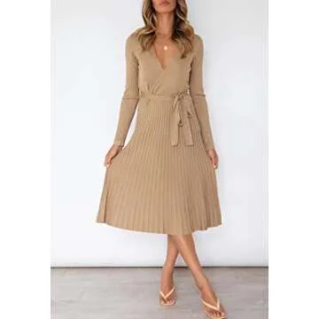 Pink Queen Women's Wrap Sweater Dress V Neck Long Sleeve Ribbed Swing Knit Party Midi Dresses with Belt Khaki L