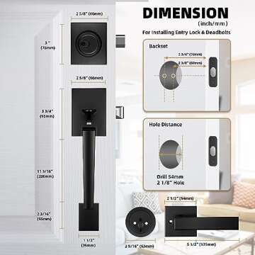 Azdele Front Door Handle and Deadbolt Set, Front Door Lock Set, Exterior Door Lock Set, Front Door Handle with Single Cylinder Deadbolt for Exterior Door, Reversible for Right&Left(Matte Black Modern)