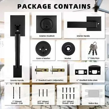 Azdele Front Door Handle and Deadbolt Set, Front Door Lock Set, Exterior Door Lock Set, Front Door Handle with Single Cylinder Deadbolt for Exterior Door, Reversible for Right&Left(Matte Black Modern)