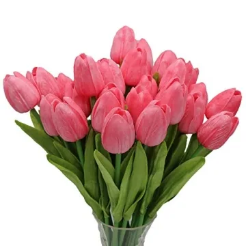 Crafare 27PC 14Inch Long Pink Artificial Tulips - Real Touch Flowers for Decor and Gifts