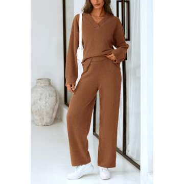 PRETTYGARDEN Women's 2 Piece Pullover Sweater Set Oversized V Neck Top Wide Leg Pants Fall Winter Fuzzy Lounge Outfit (Brown,XX-Large)