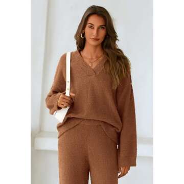 PRETTYGARDEN Women's 2 Piece Pullover Sweater Set Oversized V Neck Top Wide Leg Pants Fall Winter Fuzzy Lounge Outfit (Brown,XX-Large)