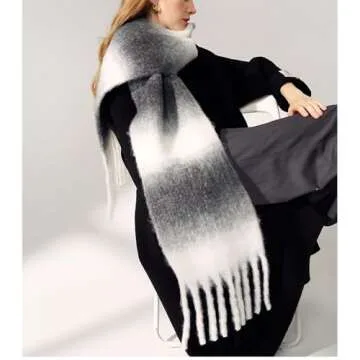 OUNIYA Chunky Plaid Colorful Scarf Large Checked Oversized Scarves Checkered Tartan Cashmere Thick Big Shawl Winter Warm Blanket (black & white)