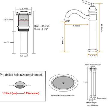 GGStudy Tall Body Single Handle One Hole Bathroom Vessel Sink Faucets Copper Finish with Pop Up Dria...