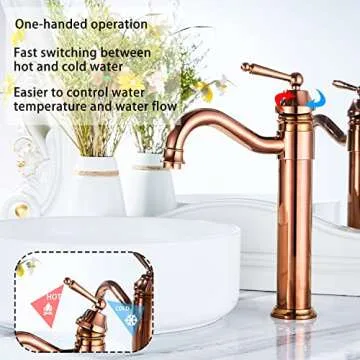 GGStudy Tall Body Single Handle One Hole Bathroom Vessel Sink Faucets Copper Finish with Pop Up Drian Without Overflow