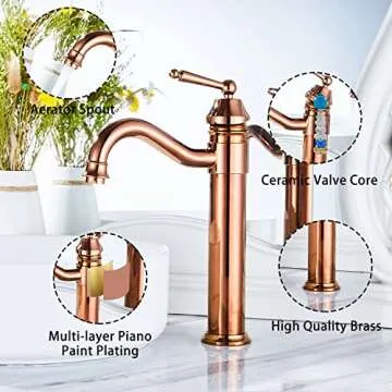 GGStudy Tall Body Single Handle One Hole Bathroom Vessel Sink Faucets Copper Finish with Pop Up Drian Without Overflow