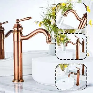 GGStudy Tall Body Single Handle One Hole Bathroom Vessel Sink Faucets Copper Finish with Pop Up Drian Without Overflow