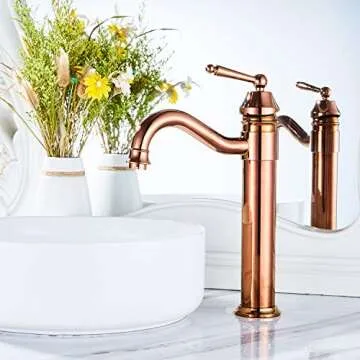 GGStudy Tall Body Single Handle One Hole Bathroom Vessel Sink Faucets Copper Finish with Pop Up Drian Without Overflow