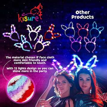 Kisure 48PCS Glow in the Dark Party Supplies: Wedding Light Up Party Favors -24 Pcs Gaint Foam Glow Sticks and 12 LED Glasses and Bunny Ear Headband for Halloween Carnival Birthday Neon Party
