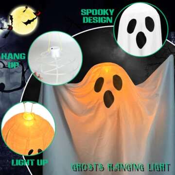 Halloween Decorations Hanging Ghost, 2PCS Halloween Light up Ghost Decorations Outdoor Indoor, Large Halloween Spooky Ghost with Warm Lights for Trees Door Front Yard Garden Home Party Decor