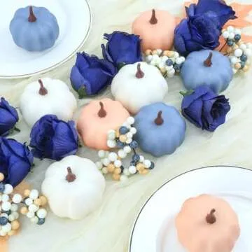 Ghrdopy Fake Pumpkins, 23 Pcs Blue Artificial Pumpkins with Maple Leaves, Plastic Pumpkin Berries Rose Artificial Flowers Fall Decoration Kit for Thanksgiving Table Decoration