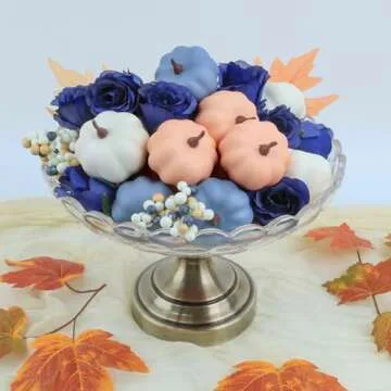 Ghrdopy Fake Pumpkins, 23 Pcs Blue Artificial Pumpkins with Maple Leaves, Plastic Pumpkin Berries Rose Artificial Flowers Fall Decoration Kit for Thanksgiving Table Decoration