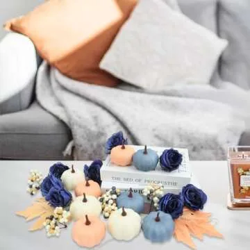 Ghrdopy Fake Pumpkins, 23 Pcs Blue Artificial Pumpkins with Maple Leaves, Plastic Pumpkin Berries Rose Artificial Flowers Fall Decoration Kit for Thanksgiving Table Decoration