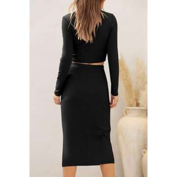 PRETTYGARDEN Womens 2024 Fall 2 Piece Outfits Track Suits Long Sleeve Crop Tops Bodycon Midi Skirt Slit Dress Matching Sets (Black,Small)