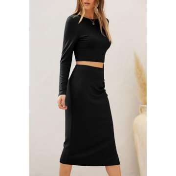PRETTYGARDEN Womens 2024 Fall 2 Piece Outfits Track Suits Long Sleeve Crop Tops Bodycon Midi Skirt Slit Dress Matching Sets (Black,Small)