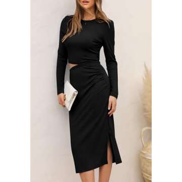 PRETTYGARDEN Womens 2024 Fall 2 Piece Outfits Track Suits Long Sleeve Crop Tops Bodycon Midi Skirt Slit Dress Matching Sets (Black,Small)