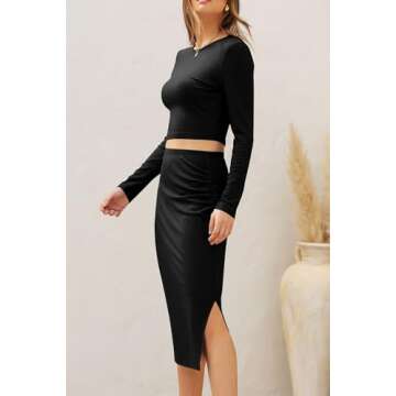 PRETTYGARDEN Womens 2024 Fall 2 Piece Outfits Track Suits Long Sleeve Crop Tops Bodycon Midi Skirt Slit Dress Matching Sets (Black,Small)