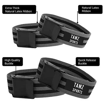 Tamz Sports Occlusion Bands, 4 Pack (2 Bicep Bands,2 Leg Bands), Comfortable Elastic Bands for Blood Flow Restriction TraIng and Fast Muscle Growth Without Lifting Heavy Weights (Black/Grey)