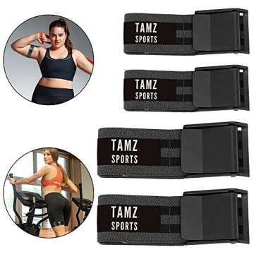 Tamz Sports Occlusion Bands, 4 Pack (2 Bicep Bands,2 Leg Bands), Comfortable Elastic Bands for Blood Flow Restriction TraIng and Fast Muscle Growth Without Lifting Heavy Weights (Black/Grey)