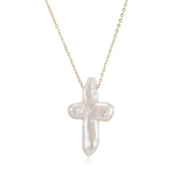 Iutymu White Pearl Cross Necklace. Pearl Cross Necklace. Freshwater Pearl Cross Pendant. Everyday Mi...