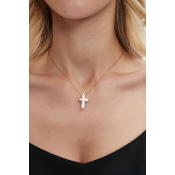 Iutymu White Pearl Cross Necklace. Pearl Cross Necklace. Freshwater Pearl Cross Pendant. Everyday Minimalist Religious Jewelry (Gold)