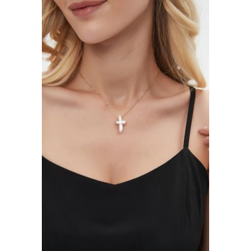 Iutymu White Pearl Cross Necklace. Pearl Cross Necklace. Freshwater Pearl Cross Pendant. Everyday Minimalist Religious Jewelry (Gold)