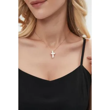 Iutymu White Pearl Cross Necklace. Pearl Cross Necklace. Freshwater Pearl Cross Pendant. Everyday Minimalist Religious Jewelry (Gold)