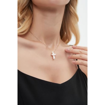 Iutymu White Pearl Cross Necklace. Pearl Cross Necklace. Freshwater Pearl Cross Pendant. Everyday Minimalist Religious Jewelry (Gold)