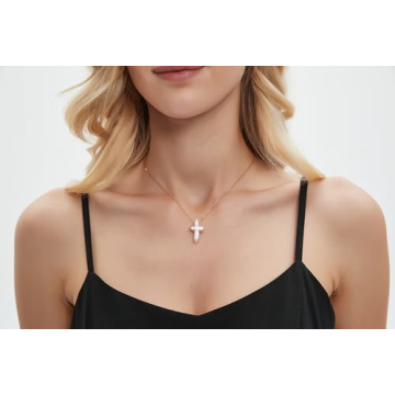 Iutymu White Pearl Cross Necklace. Pearl Cross Necklace. Freshwater Pearl Cross Pendant. Everyday Minimalist Religious Jewelry (Gold)