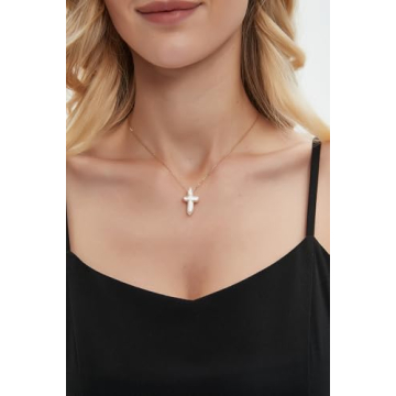 Iutymu White Pearl Cross Necklace. Pearl Cross Necklace. Freshwater Pearl Cross Pendant. Everyday Minimalist Religious Jewelry (Gold)