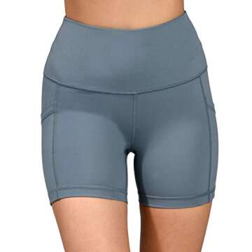 Yogalicious Ultra Soft Lightweight Hi Rise Shorts with Side Pocket - High Waist Yoga Shorts - Blue Reservoir 5" - Small