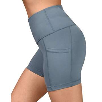 Yogalicious Ultra Soft Lightweight Hi Rise Shorts with Side Pocket - High Waist Yoga Shorts - Blue Reservoir 5" - Small