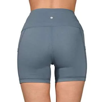 Yogalicious Ultra Soft Lightweight Hi Rise Shorts with Side Pocket - High Waist Yoga Shorts - Blue Reservoir 5" - Small