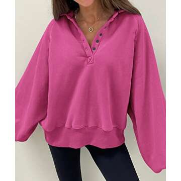 Trendy Queen Womens Sweatshirts Cropped Sweater Fashion Hoodies Oversized Jacket Fall Clothes 2023 Lantern Sleeve Drop Shoulder Pullover Button Fashion Y2K Outfits Hotpink