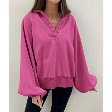 Trendy Queen Womens Sweatshirts Cropped Sweater Fashion Hoodies Oversized Jacket Fall Clothes 2023 Lantern Sleeve Drop Shoulder Pullover Button Fashion Y2K Outfits Hotpink