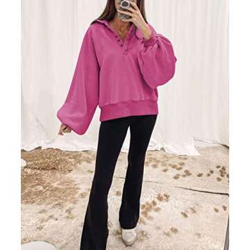 Trendy Queen Womens Sweatshirts Cropped Sweater Fashion Hoodies Oversized Jacket Fall Clothes 2023 Lantern Sleeve Drop Shoulder Pullover Button Fashion Y2K Outfits Hotpink