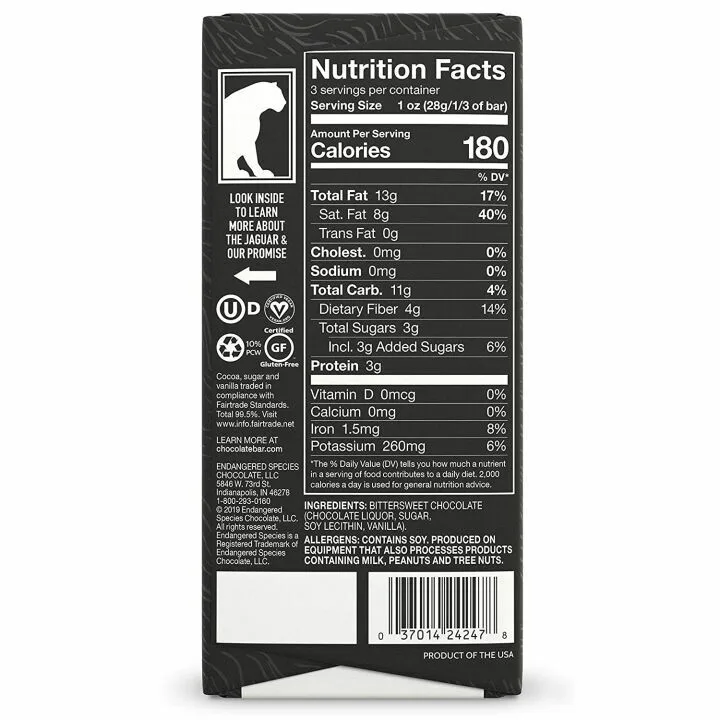 Endangered Species Dark Chocolate Bar 88% Cocoa - Premium Treat