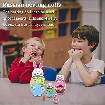 HYSIGUAN Easter Bunny, Handmade Easter Wooden Toys for Toddlers, 5 Pcs Russian Nesting Dolls, Specia...
